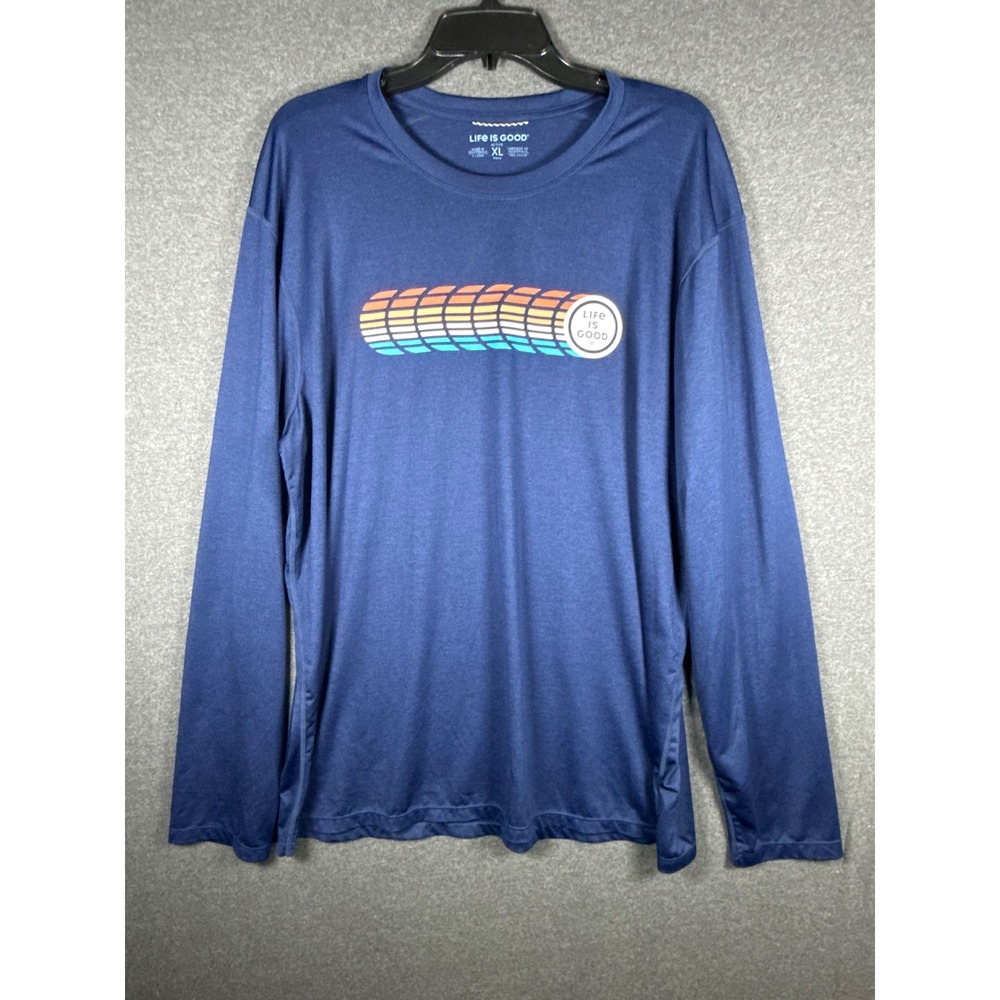 Life is Good Mens XL Active Long Sleeve Tee Blue Heather Retro Sunset Graphic